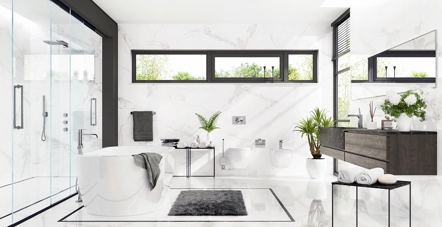 Black And White Master Bathroom With Dark Wooden Floating Vanity And Freestanding Bathtub 