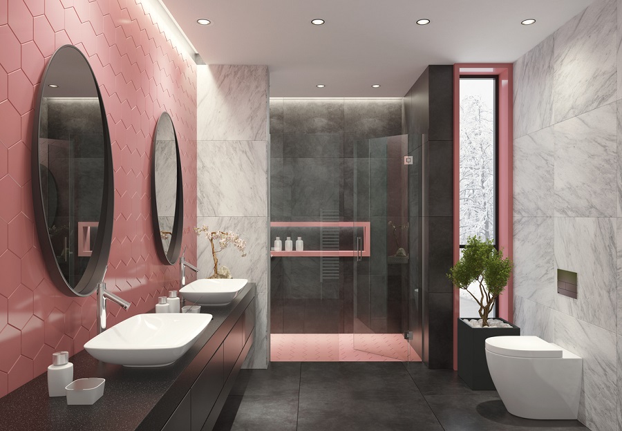 pink and black master bathroom.